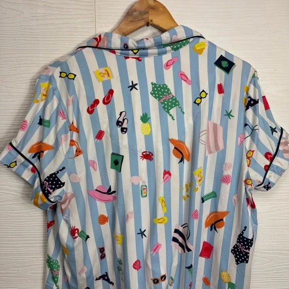 Kate Spade Colorful Summer Beach Printed Striped Button-Up Pajama Set Large - Picture 7 of 9